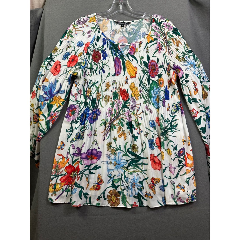 Charlie B Floral Butterfly Pleated Blouse Multi-Color V-Neck Top C4171PR-Size L
